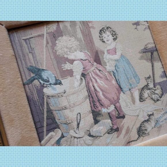 Vtg LAUNDRY Art Kittens Kids Girls Framed Fabric Tapestry Antique Needlepoint - Picture 2 of 5